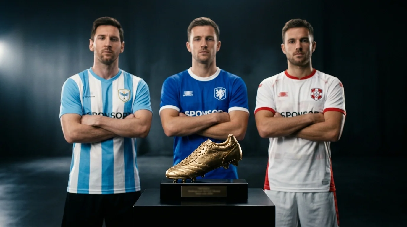 Tre stjernespillere stillet op til pressefoto med Golden Boot-trofæet i forgrunden — Messi, Mbappé, Kane i landstrøjer