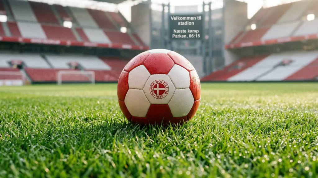 Fodbold på grøn bane med VM 2026 logo og danske kroner symboliserende betting overvejelser