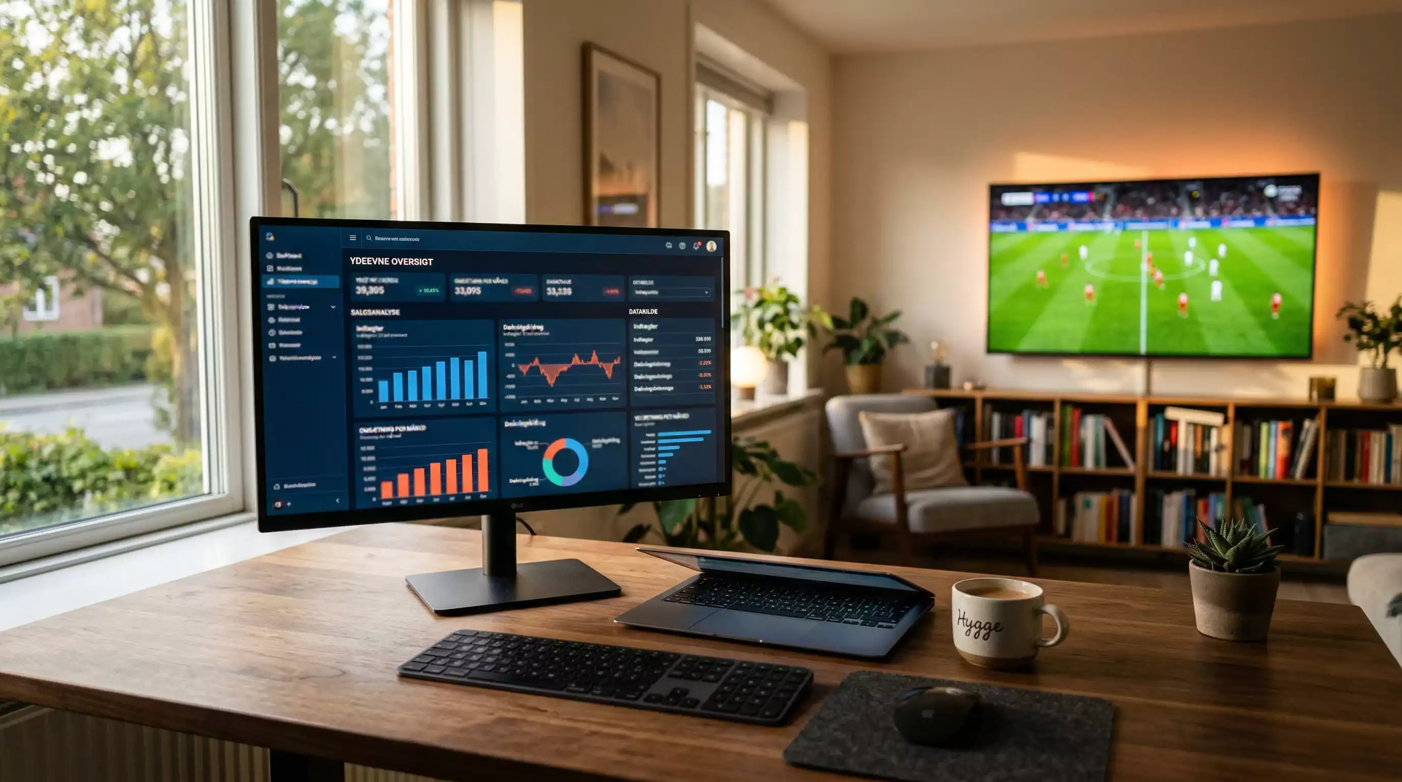 Statistik og data visualiseret på skærm med fodboldkamp i baggrunden