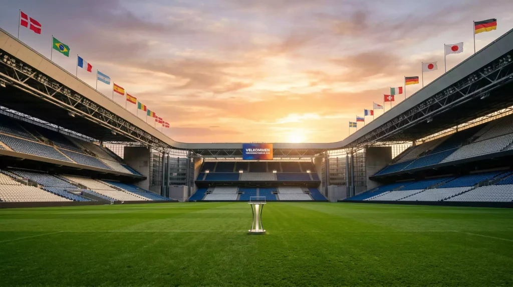 Fodboldspillere fra forskellige nationer på VM-banen med trofæ i baggrunden