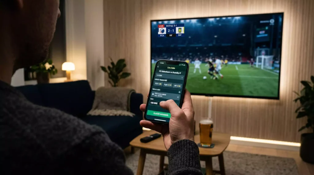 Fodboldfan følger VM-kamp live på skærm med odds der opdateres i realtid