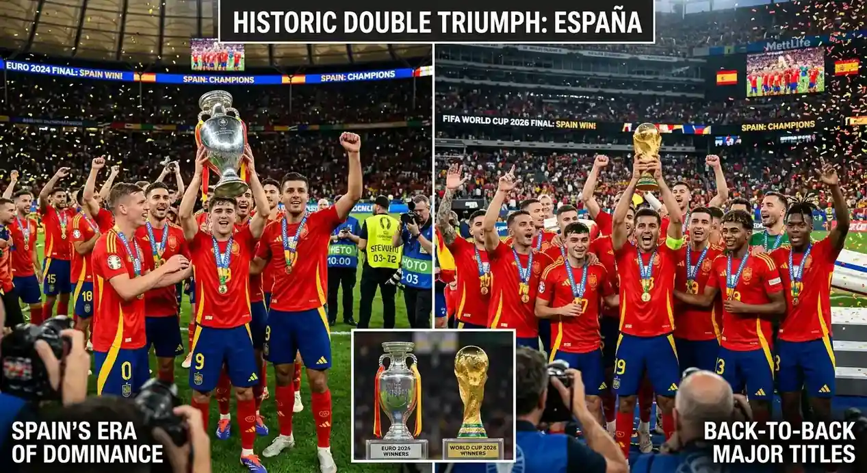 Spansk landshold opstillet i formation med både Euro 2024-trofæet og VM 2026-trofæet, dobbelt-triumf-montage, rød trøje, podiet