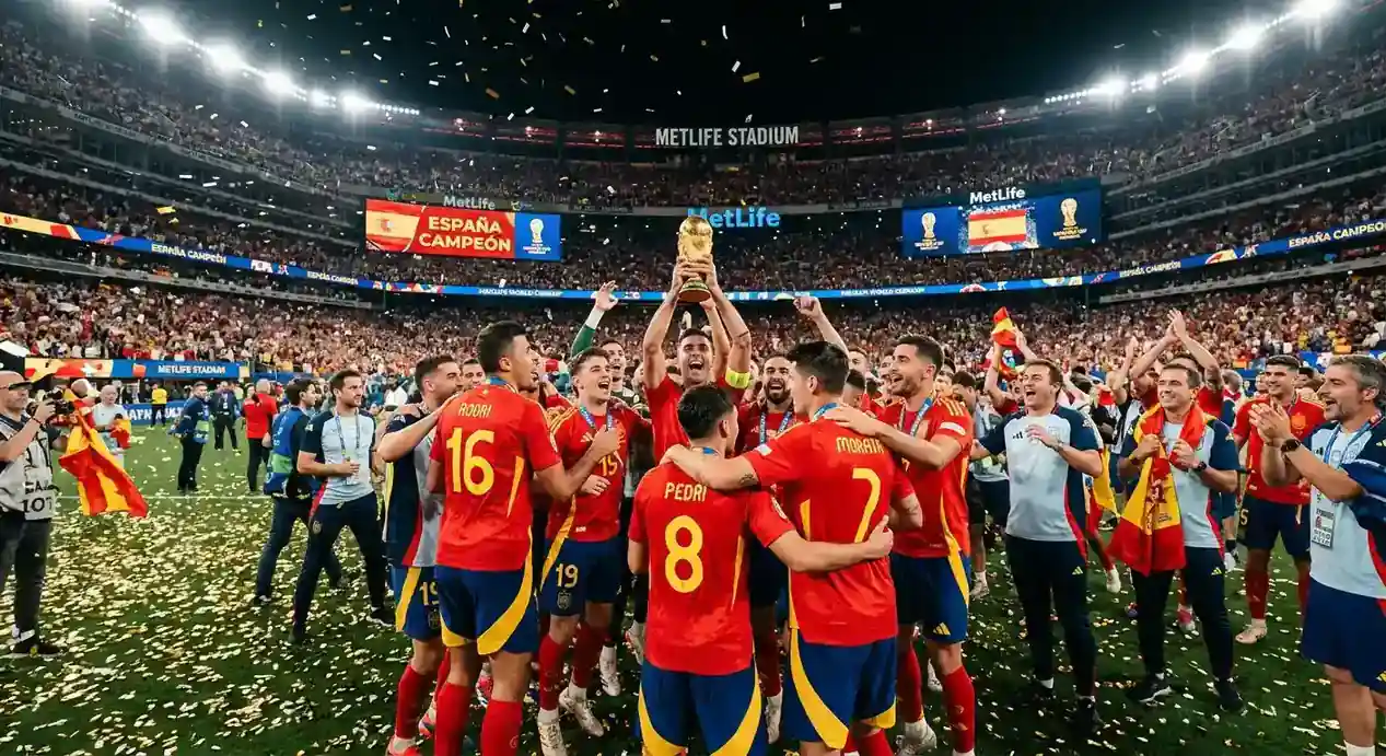 Spaniens spillere løfter VM-trofæet på MetLife Stadium med guldkonfetti faldende omkring dem