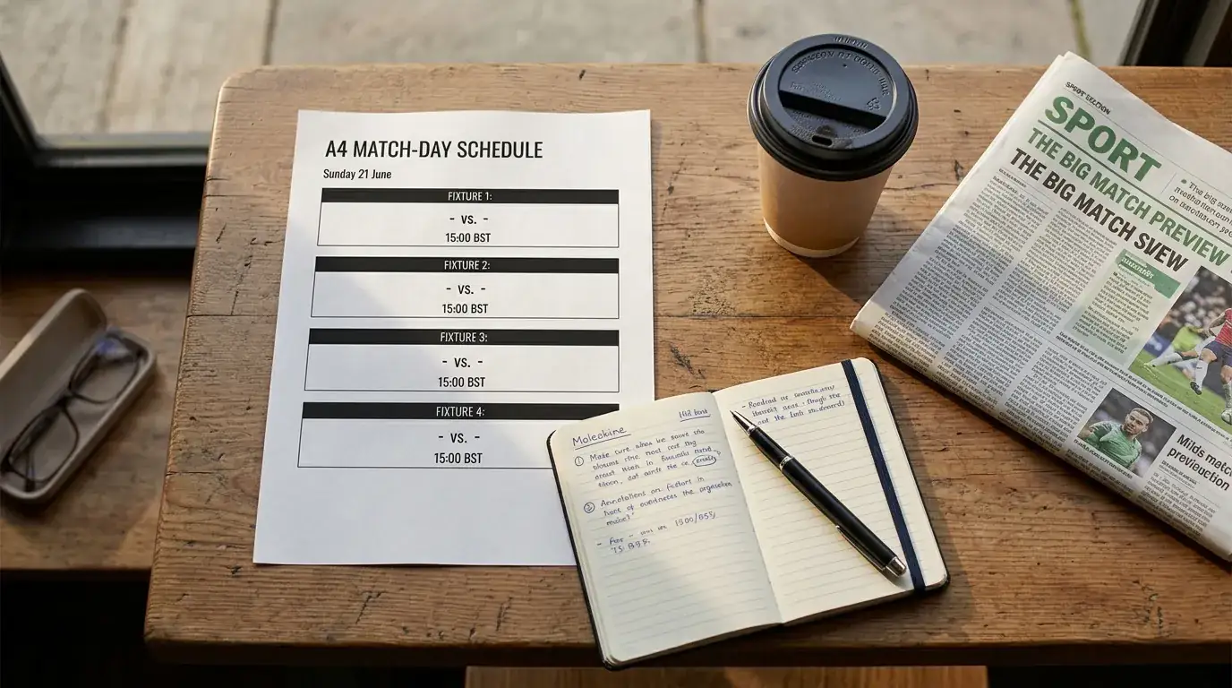 Stadion-billet, en kaffe og en notesbog med fire kampe noteret — bordet et solrigt fortovscafé