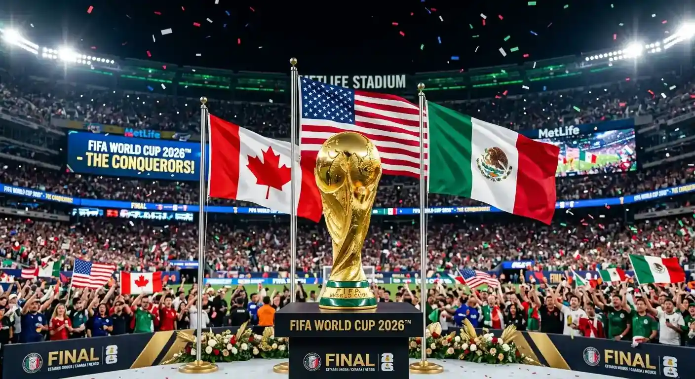 VM 2026-trofæet i centrum omgivet af flag fra USA, Canada og Mexico, med stadionbaggrund, officiel turneringsafslutning