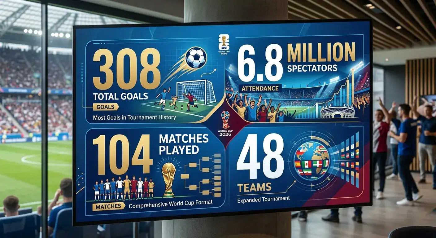 Statistik-collage med turneringstal — mål, tilskuere, rekorder fra VM 2026, infografik-stil