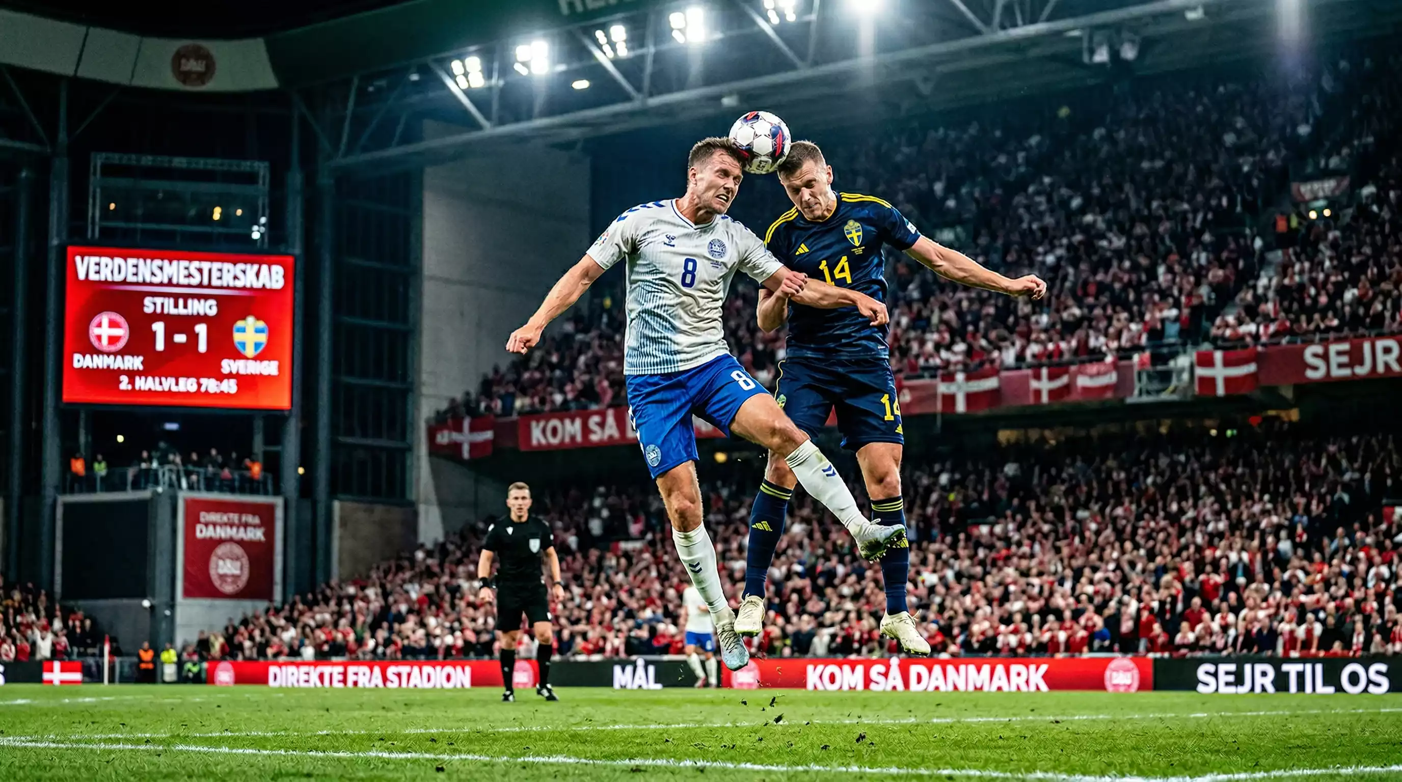 Fodboldspillere fra topnationer i kamp under international turnering med fyldt stadion
