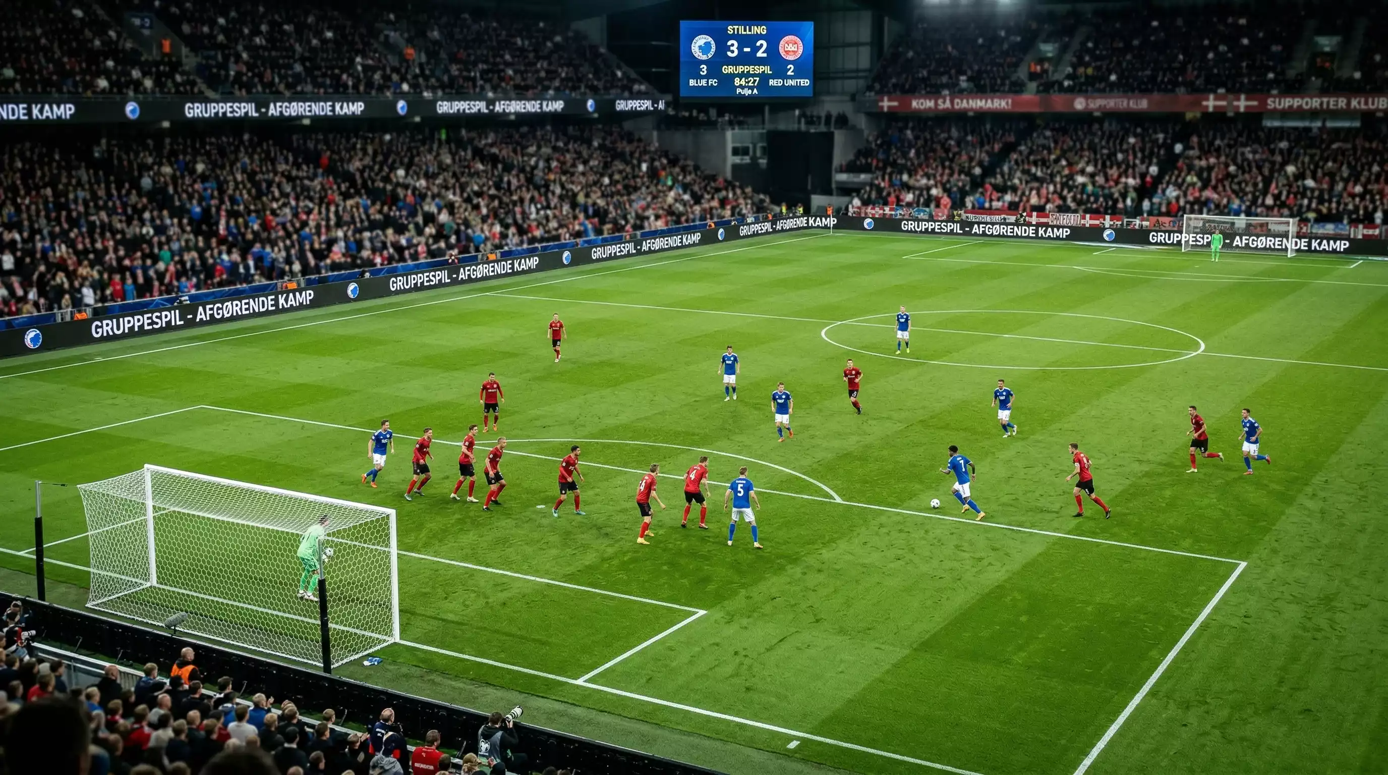 Fodboldbane med taktisk opstilling og gruppeoversigt for VM 2026 turneringen