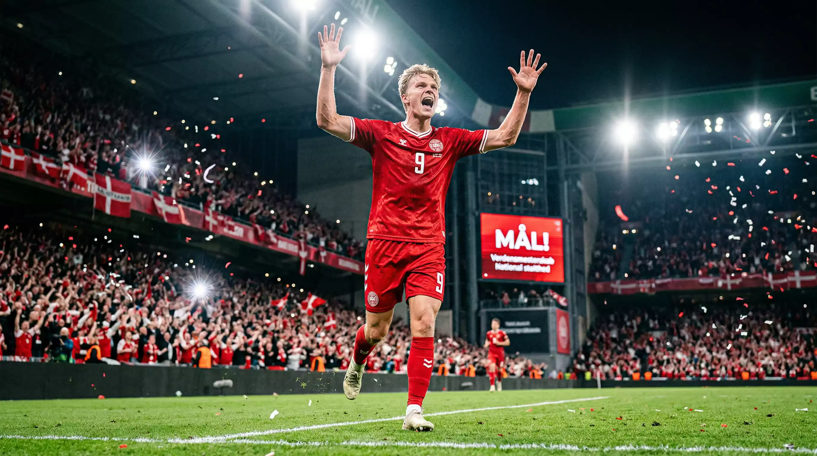 Norsk landsholdsangriber fejrer mål i rød spillertrøje foran jublende fans