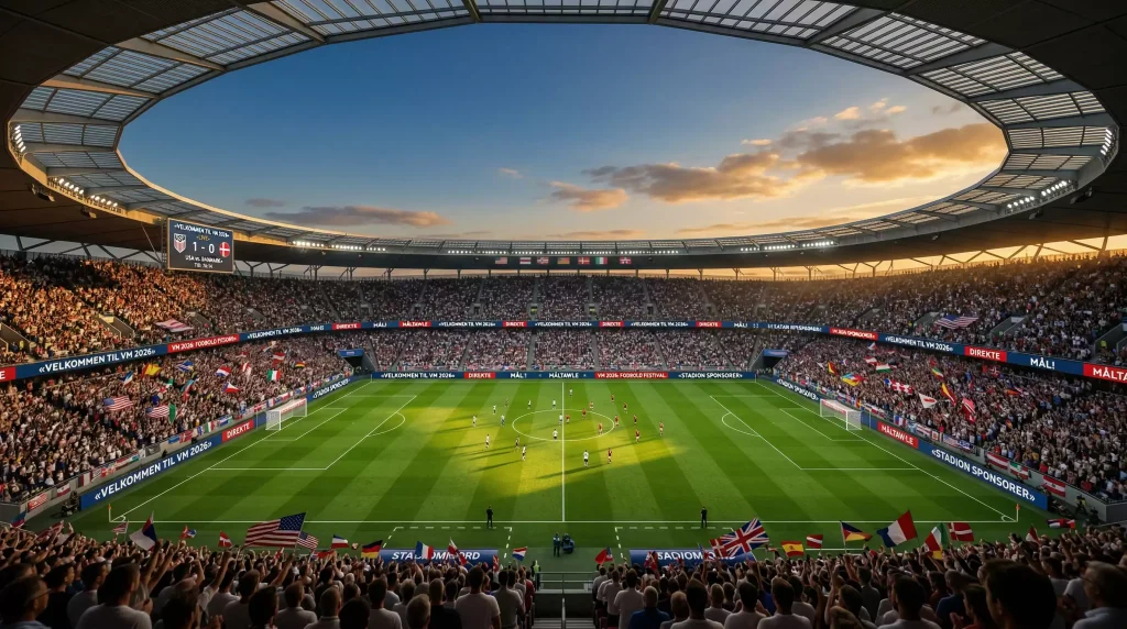 VM 2026 fodboldstadion i USA med flag fra deltagende nationer og tilskuere