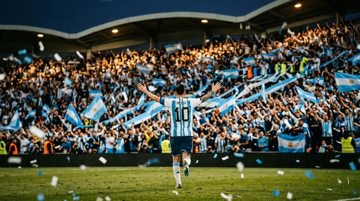 Messi løber jublende foran en jublende argentinsk udebanesektion efter målet, der gjorde ham til VM's mest scorende spiller